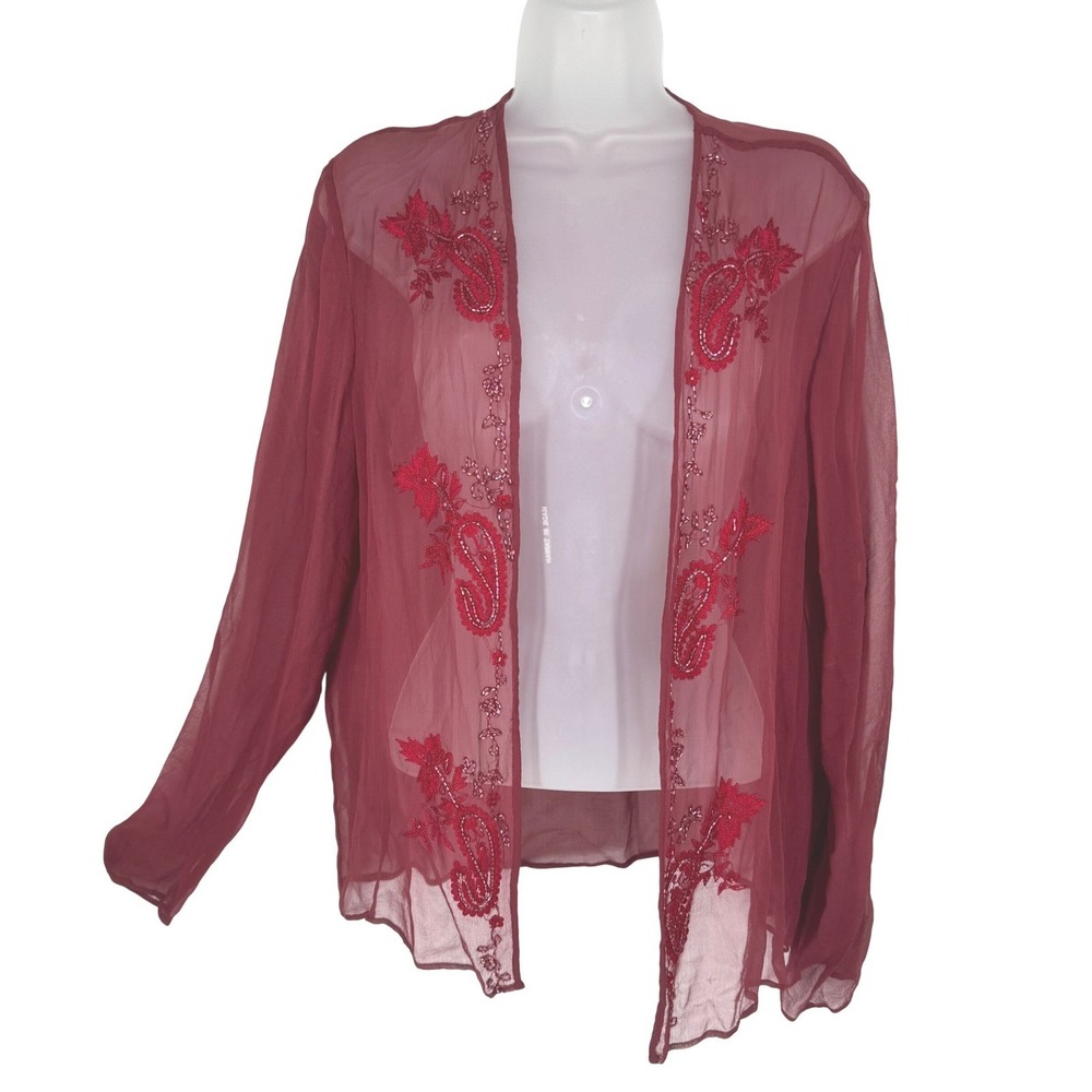 Vintage Silk Beaded Paisley Embroidered Sheer Open Front Cardigan Burgundy Large